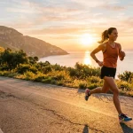 Una ragazza impegnata a correre con il caldo su una strada sul mare al sorgere del sole