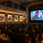 Una piccola sala cinematografica con un film cult sullo schermo e il pubblico attento