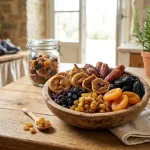 Una ciotola di legno rustica piena di vari tipi di frutta disidratata, tra cui fichi, datteri, prugne, uvetta e albicocche.