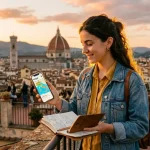 Una viaggiatrice moderna che usa lo smartphone per pianificare viaggi e consultare itinerari digitali su una terrazza panoramica al tramonto.