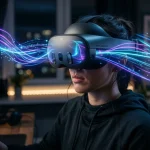 Una persona con un visore per entrare nella realtà virtuale da cui escono flussi di interazione