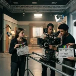 Immagine cinematografica e realistica che cattura lo spirito collaborativo e pratico delle moderne scuole di cinema