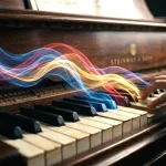 Pianoforte in legno con mani di un pianista che suonano accordi sulla tastiera. Dai tasti prendono vita onde fluide e luminose colorate che fluttuano nell'aria come onde sonore visive ed emozionali.