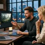 Professionisti analizzano foto ai davanti a uno strumento di generazione di immagini online