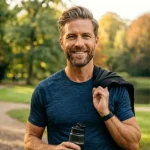 60 enne sorridente in un parco che si allena che rappresenta il concetto di longevità degli adulti