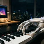 Una mano robotica suona il pianoforte con uno schermo di computer in contesto futuristico