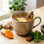 L'uso curativo delle spezie con una tazza fumante contenente infuso ambrato, in cui galleggiano una stecca di cannella e una fettina di zenzero fresco.