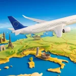 Immagine sul concetto di voli low cost in Europa con aereo bianco con bandiera UE in volo su una mappa stilizzata