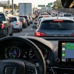 Interno di auto nel traffico su una autostrada con navigatore che indica una strada alternativa