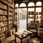 Interno di una libreria che vende libri di case editrici indipendenti con scaffali in legno e libri d'autore in esposizione.