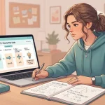 Illustrazione di un'adolescente che studia al computer con una interfaccia sul modello di ChatGPT for Teens con guide passo-passo per la risoluzione dei problemi.