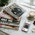 Riviste femminili internazionali famose su un tavolo di marmo con tazza di caffè e smartphone