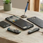 Uno smartphone etico e riparabile smontato su un tavolo per la semplice sostituzione di componenti fai da te