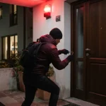Un ladro che cerca di entrare in una porta quando la sirena rossa di un allarme casa si accende