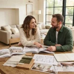Una coppia sta decidendo come arredare casa in living luminoso con riviste di arredamento e progetti sul tavolo.