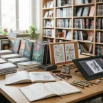 Fotografia realistica di casa editrice di fumetti con diverse graphic novel e albi