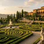 Veduta panoramica, di giardini storici del Rinascimento italiano con intricati labirinti di siepi, fontane ornamentali con zampilli d'acqua e statue di marmo classiche.