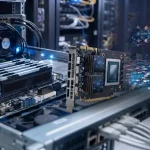 Un server rack aperto in primo piano con memoria RAM, CPU e una visualizzazione olografica di una rete neurale e flussi di dati