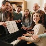 Persone riunite attorno al pianoforte a cantare insieme tanti auguri a te con accordi e note sullo spartito