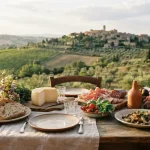 Tavola rustica in legno dedicata al turismo enogastronomico in Italia con prodotti tipici stagionali