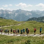 Rappresentazione digitale in stile fotografico sul turismo di massa in montagna, che mostra una moltitudine di camminatori in fila lungo un sentiero panoramico.
