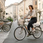 Città italiana con ciclista che utilizza una bicicletta da bike sharing. Sullo sfondo una fila ordinata di biciclette disponibili per il noleggio.