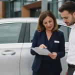 Una persona che consulta un contratto di leasing auto insieme a un consulente di fianco all'automobile.